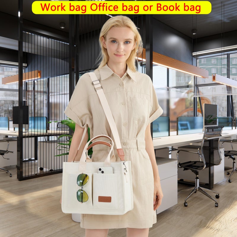 ZHMO Canvas Tote Bag for Women With Compartments and Pocket,White Women's Bags Crossbody Bags Work Laptop Tote Bag Large Satchels Handbag Tote Purse Everyday Shoulder Bag for Travel Nurse Teacher Gift - Image 3