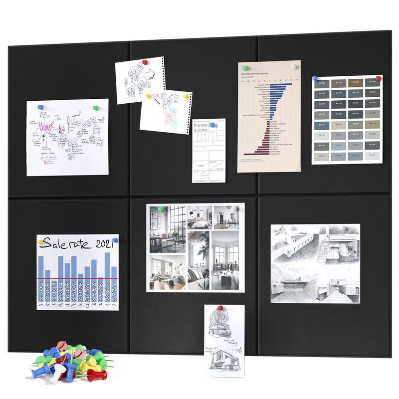 Neatsure Large Cork Board for Wall, Black Felt Bulletin Board with Pushpins, 36" x 24" 6 Panels Wall Tiles, Tack Push Pin Boards for Office - Image 1