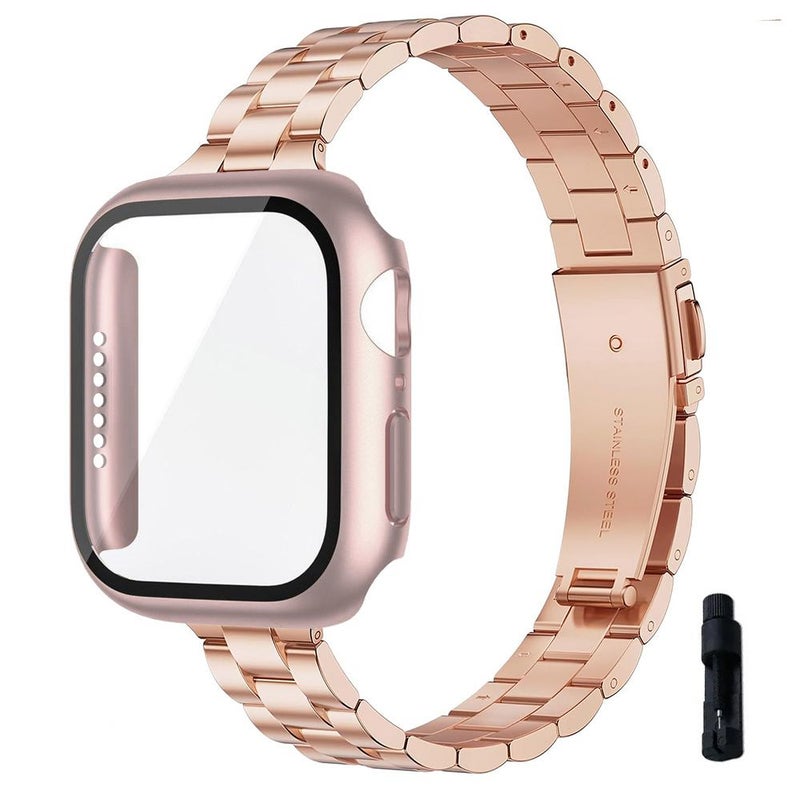 Slim Stainless Steel Bands With Tempered Glass Screen Protector Case Compatible With Apple Watch 38mm 40mm 41mm 42mm 44mm 45mm 46mm 49mm Starlight Premium Metal Straps With Adjustable Tool For iWatch Ultra Series 10 11 9 8 7 6 5 4 3 2 1 SE 46mm - Image 1