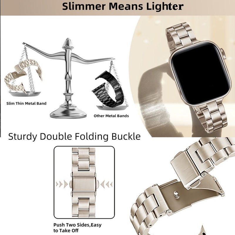 Slim Stainless Steel Bands With Tempered Glass Screen Protector Case Compatible With Apple Watch 38mm 40mm 41mm 42mm 44mm 45mm 46mm 49mm Starlight Premium Metal Straps With Adjustable Tool For iWatch Ultra Series 10 11 9 8 7 6 5 4 3 2 1 SE 46mm - Image 2