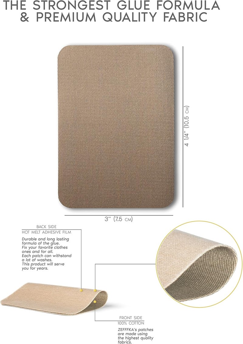 ZEFFFKA Premium Quality Fabric Iron-on Patches Inside & Outside Strongest Glue 100% Cotton Shades of Brown Beige Khaki Repair Decorating Kit 12 Pieces Size 3" by 4-1/4" (7.5 cm x 10.5 cm) - Image 3