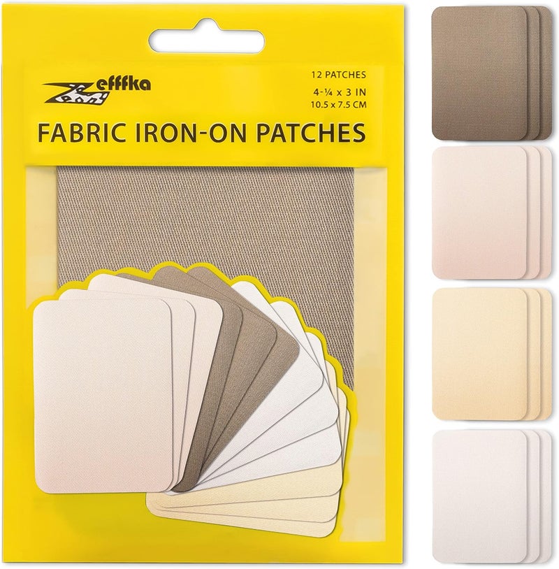 ZEFFFKA Premium Quality Fabric Iron-on Patches Inside & Outside Strongest Glue 100% Cotton Shades of Brown Beige Khaki Repair Decorating Kit 12 Pieces Size 3" by 4-1/4" (7.5 cm x 10.5 cm) - Image 1