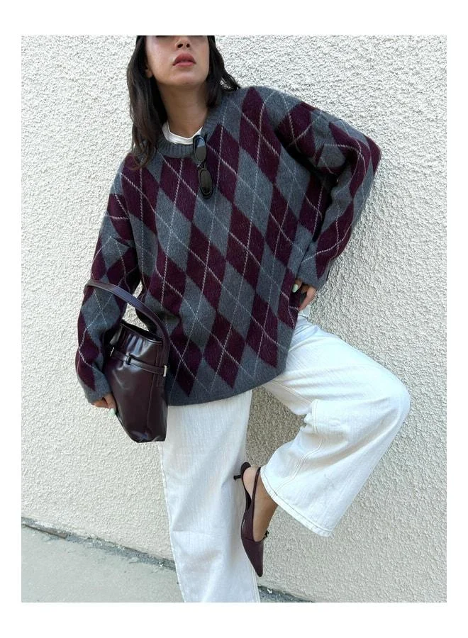 mina aise Women's Burgundy Oversize Lace-Trimmed Eco-Striped Yumoş Sweater 5581