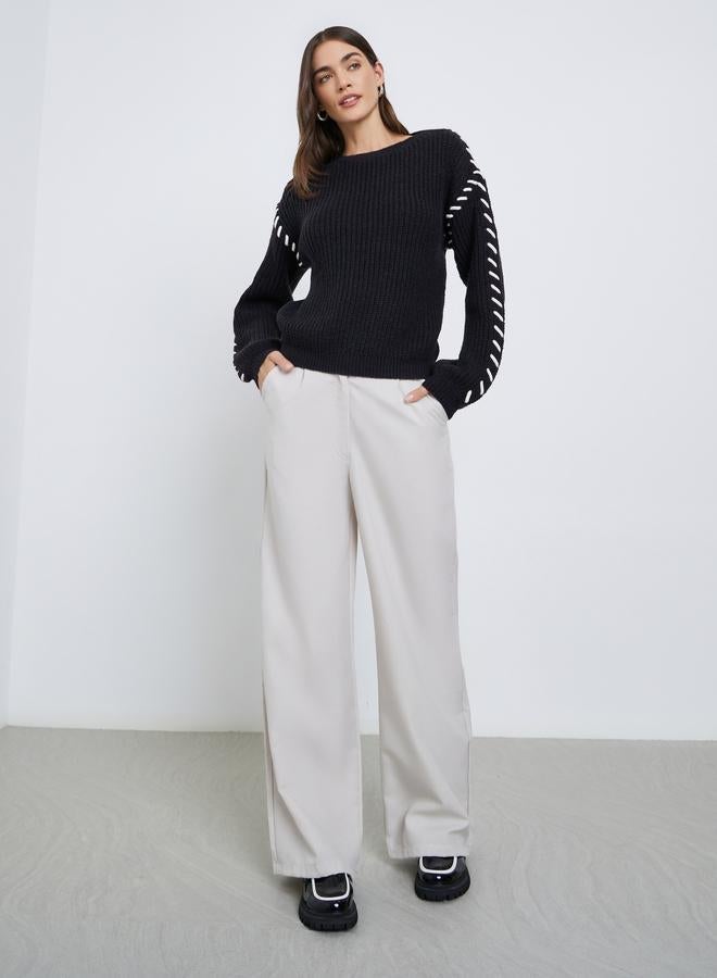 Styli Black Chunky Knit Sweater with Stitch Detail - Image 2