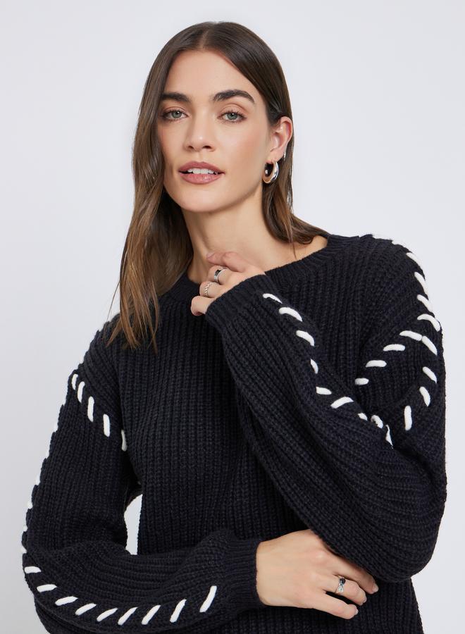Styli Black Chunky Knit Sweater with Stitch Detail - Image 1