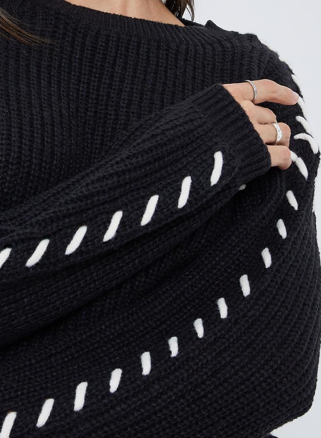 Styli Black Chunky Knit Sweater with Stitch Detail - Image 3