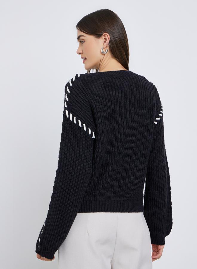 Styli Black Chunky Knit Sweater with Stitch Detail - Image 4