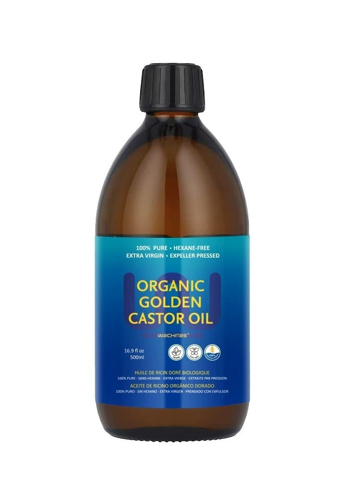 wachinas Organic Golden Castor Oil - 500mL (16.91 Fl Oz (Pack of 1)) | 100% Pure & Expeller Pressed for Hair, Skin & Digestion | Hexane Free - Image 1