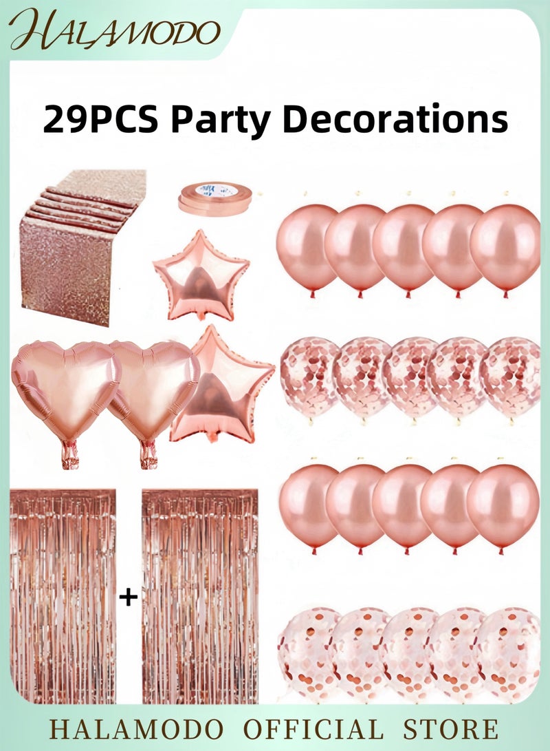 هالامودو 29 قطعة من ديكورات الحفلات تتضمن 10 بالونات لاتكس و10 بالونات لاتكس صغيرة و1 مفرش طاولة من الترتر و2 شريط و2 ستائر من رقائق معدنية لامعة و2 بالون على شكل نجمة و2 بالون على شكل قلب ودعائم كشك الصور لأعياد الميلاد والزفاف والخطوبة وحفلات الزفاف - Image 1