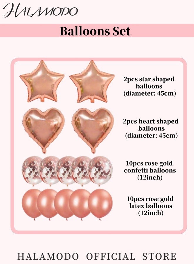 هالامودو 29 قطعة من ديكورات الحفلات تتضمن 10 بالونات لاتكس و10 بالونات لاتكس صغيرة و1 مفرش طاولة من الترتر و2 شريط و2 ستائر من رقائق معدنية لامعة و2 بالون على شكل نجمة و2 بالون على شكل قلب ودعائم كشك الصور لأعياد الميلاد والزفاف والخطوبة وحفلات الزفاف - Image 4