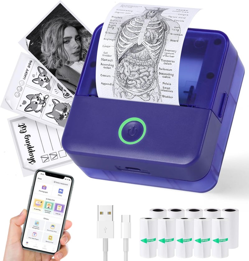 cudinham Print Pods Mini Printer, Thermal Inkless Sticker Maker with 10 Rolls Printing Paper, Pocket Printpod for Phone, Impresora Portátil for Notes, DIY, Compatible with iOS & Android (Purple) - Image 1
