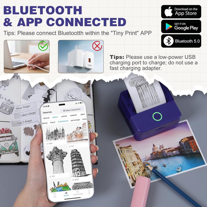 cudinham Print Pods Mini Printer, Thermal Inkless Sticker Maker with 10 Rolls Printing Paper, Pocket Printpod for Phone, Impresora Portátil for Notes, DIY, Compatible with iOS & Android (Purple) - Image 2