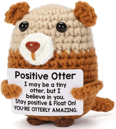 Happy Threads Positive Otter Plush with Inspirational Message Card, Handmade Crochet Emotional Support Keepsake, Cute Desk & Shelf Décor, Otter Lover Gift for Friends, Kids & Coworkers