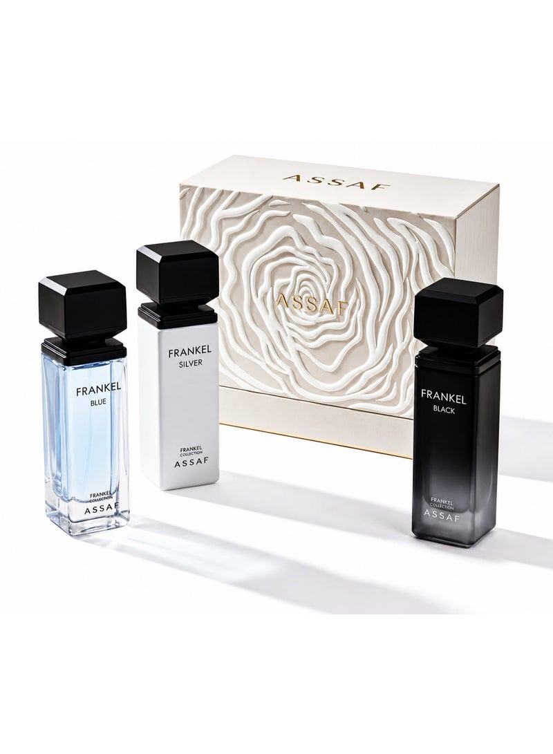 عساف مجموعة عطور آصاف فرانكل - أسود، أزرق، وفضي (3 × 25 مل) | مجموعة هدايا عطور فاخرة تدوم طويلاً للجنسين - Image 1