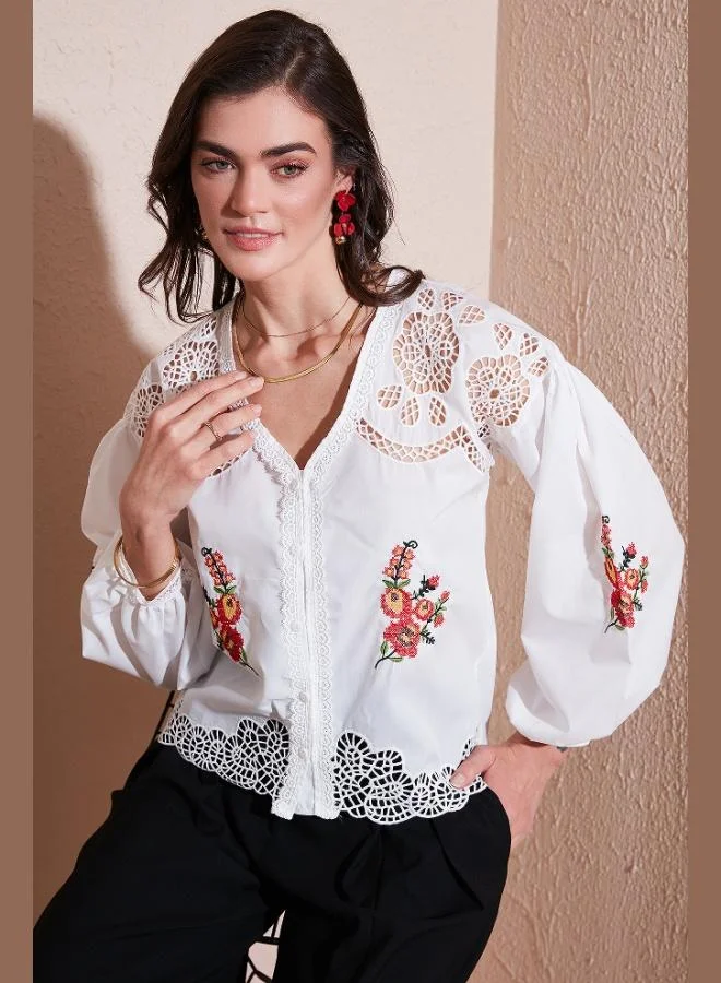 Lela Lela Embroidered Cotton Regular Fit Openwork V-Neck Shirt Women's SHIRT 676214