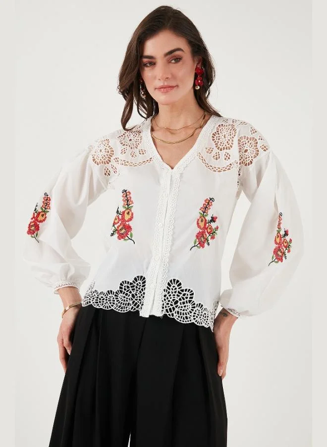 Lela Lela Embroidered Cotton Regular Fit Openwork V-Neck Shirt Women's SHIRT 676214