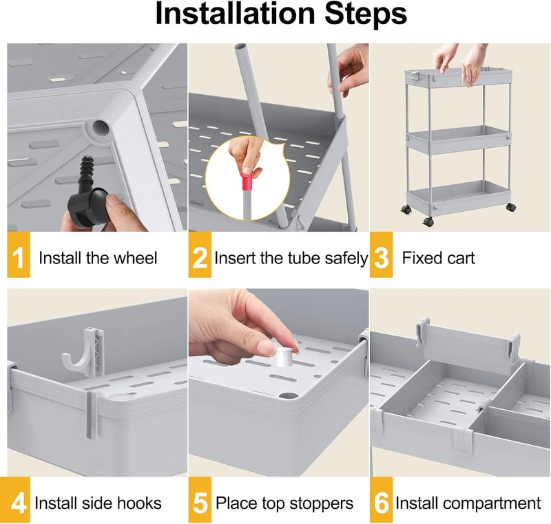 SPACELEAD 3 Tier Rolling Cart with Wheels, Storage Craft Art Trolley Organizer Serving, 3 Hanging Baskets Easy Assembly, for Office, Living Room, Kitchen, Gray - Image 4