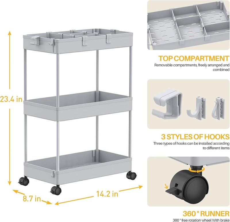 SPACELEAD 3 Tier Rolling Cart with Wheels, Storage Craft Art Trolley Organizer Serving, 3 Hanging Baskets Easy Assembly, for Office, Living Room, Kitchen, Gray - Image 3