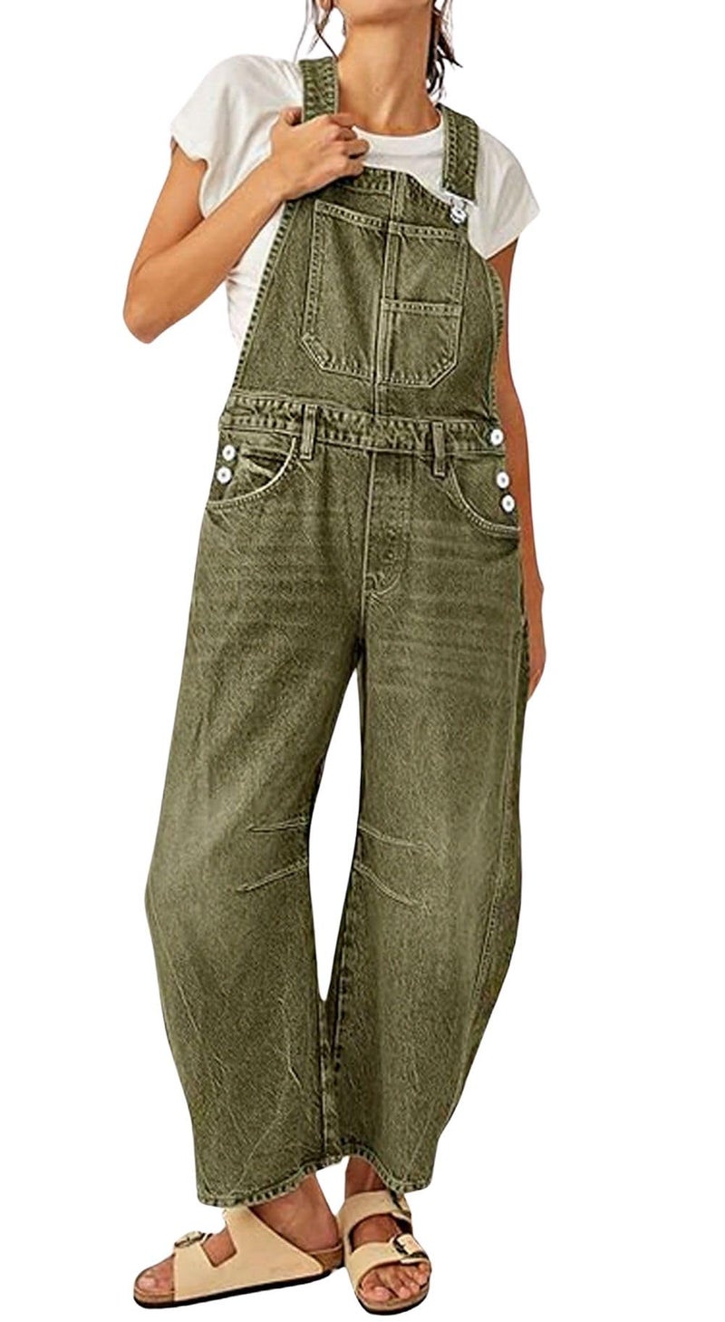 loveimgs Women Y2k Baggy Barrel Jeans Overalls Wide Leg Denim Pants Bib Overalls Jumpsuit Boyfriend Patchwork Jeans (X-Large,Army green) - Image 1