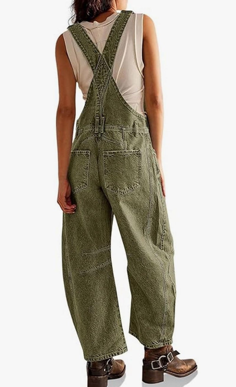 loveimgs Women Y2k Baggy Barrel Jeans Overalls Wide Leg Denim Pants Bib Overalls Jumpsuit Boyfriend Patchwork Jeans (X-Large,Army green) - Image 5