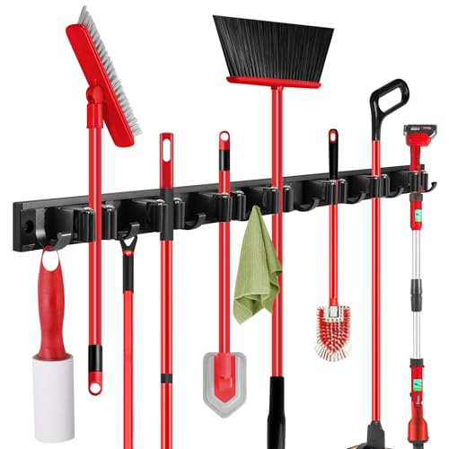 SLIIMU Movable 30'' Broom and Mop Holder Wall Mount with Sliding 7 Racks 8 Hooks, Storage Organizer Wall Hanger, Cleaning Tool Hanging Grippers for Kitchen Bathroom Garden Garage Laundry Home Closet - Image 1