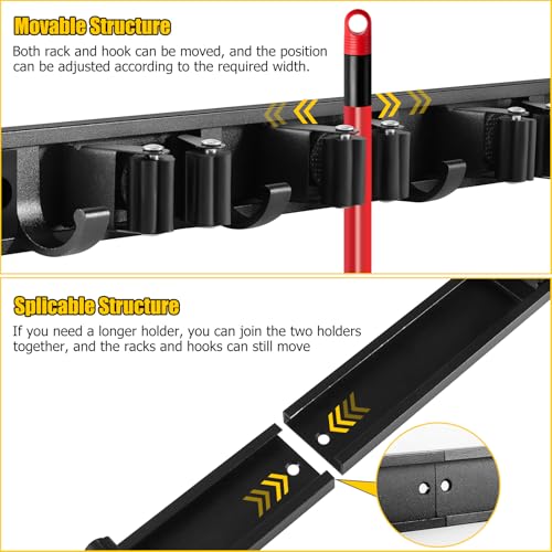 SLIIMU Movable 30'' Broom and Mop Holder Wall Mount with Sliding 7 Racks 8 Hooks, Storage Organizer Wall Hanger, Cleaning Tool Hanging Grippers for Kitchen Bathroom Garden Garage Laundry Home Closet - Image 4