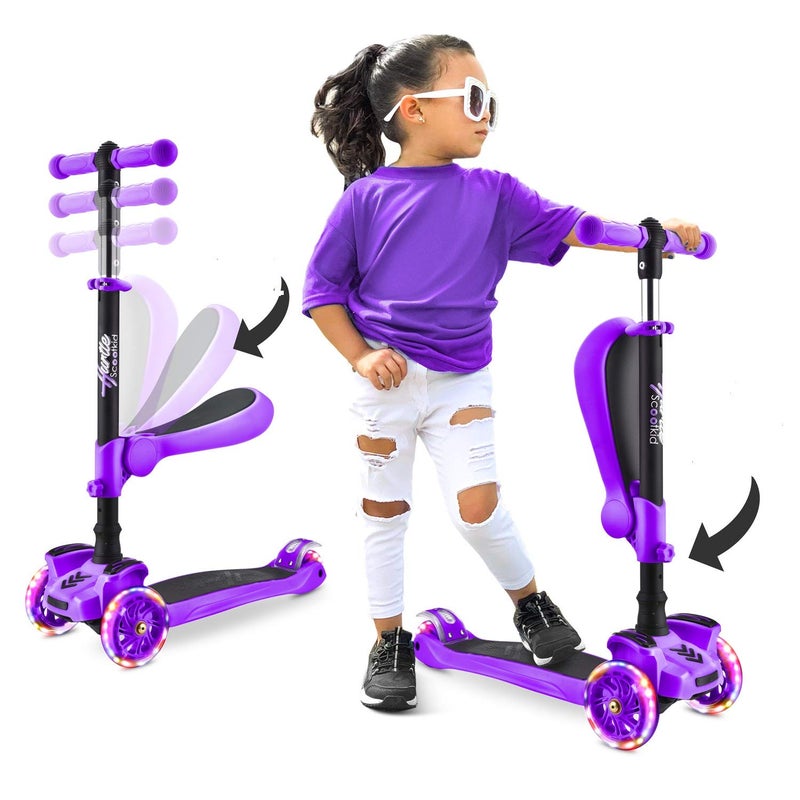 Hurtle Kids Scooter - Child Toddler Kick Scooter Toy with Foldable Seat - 3 Wheel Scooter with Adjustable Height, Anti-Slip Deck, Flashing Wheel Lights, for Boys/Girls 1-12 Year Old, Purple - Image 1