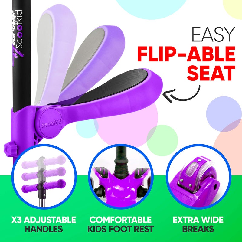 Hurtle Kids Scooter - Child Toddler Kick Scooter Toy with Foldable Seat - 3 Wheel Scooter with Adjustable Height, Anti-Slip Deck, Flashing Wheel Lights, for Boys/Girls 1-12 Year Old, Purple - Image 5