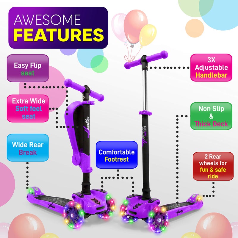 Hurtle Kids Scooter - Child Toddler Kick Scooter Toy with Foldable Seat - 3 Wheel Scooter with Adjustable Height, Anti-Slip Deck, Flashing Wheel Lights, for Boys/Girls 1-12 Year Old, Purple - Image 2