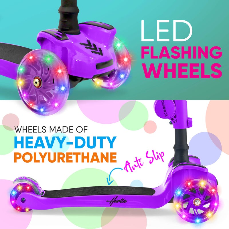 Hurtle Kids Scooter - Child Toddler Kick Scooter Toy with Foldable Seat - 3 Wheel Scooter with Adjustable Height, Anti-Slip Deck, Flashing Wheel Lights, for Boys/Girls 1-12 Year Old, Purple - Image 4