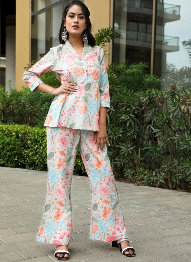 أيه كيه إس Floral Printed Linen Top and Palazzo Set for Women