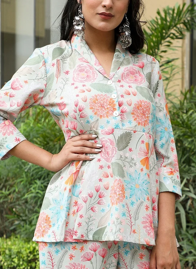 أيه كيه إس Floral Printed Linen Top and Palazzo Set for Women