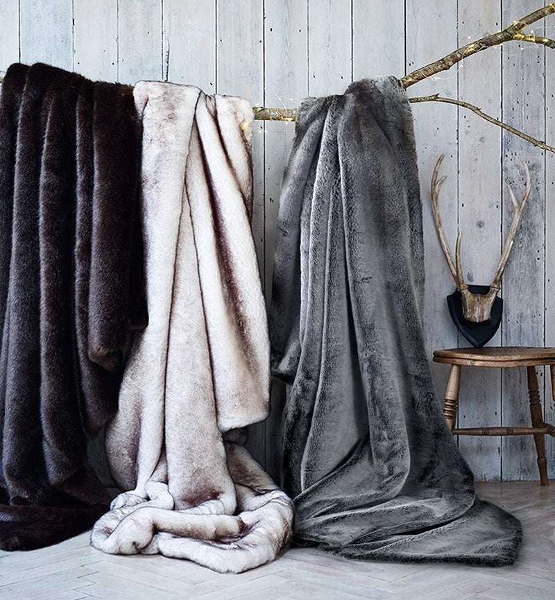 Double Sided Faux Fur Throw Blanket Silky Soft Oversized Afghan Machine Washable Grey Striped Mink Chinchilla Shadow Fox Black Forest 55Wx70L