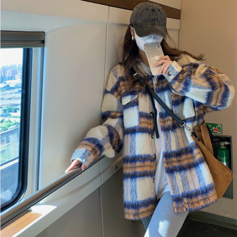 American Style Retro Thin Plaid Shirt Womens Spring and Autumn Design Sense Niche Small oversize Chanel Style Coat Rice gray [good-looking/vintage