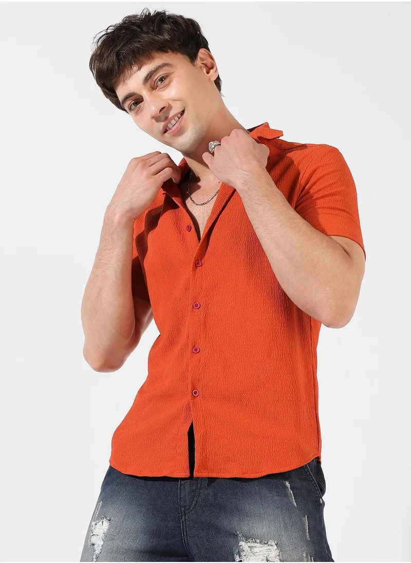 Campus Sutra Men's Burnt Orange Textured Regular Fit Casual Shirt