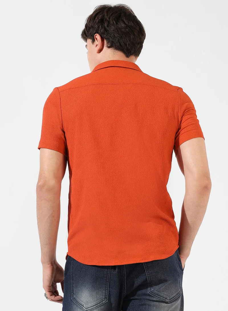 Campus Sutra Men's Burnt Orange Textured Regular Fit Casual Shirt