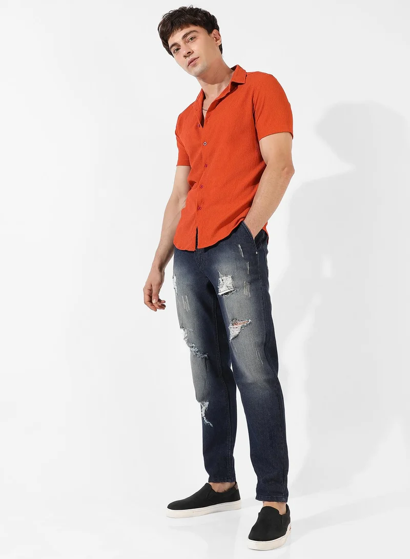 Campus Sutra Men's Burnt Orange Textured Regular Fit Casual Shirt