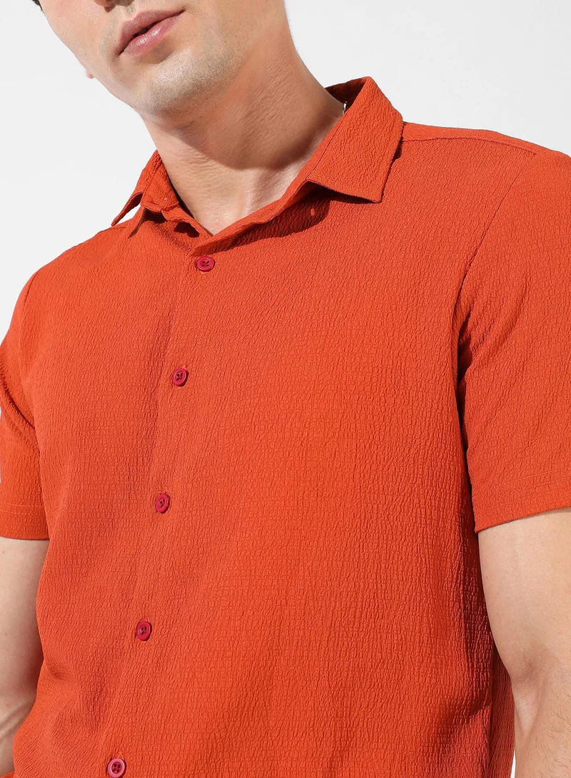 Campus Sutra Men's Burnt Orange Textured Regular Fit Casual Shirt