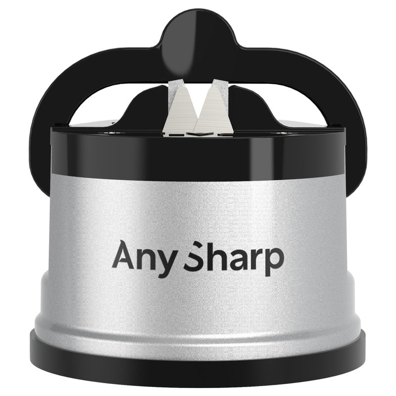 أداة شحذ السكاكين اليدوية AnySharp GLOBAL سهلة الاستخدام مع قاعدة شفط PowerGrip وزاوية مسبقة الضبط 20 درجة لجميع السكاكين الطهاة المسننة والفولاذ المقسى فضي