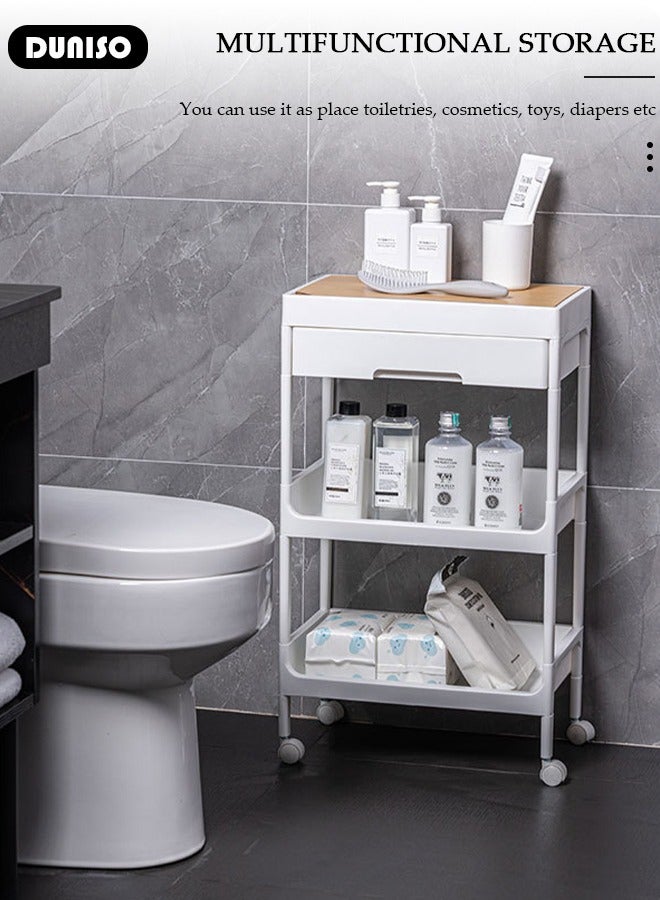 DUNISO 3-Tier Rolling Utility Cart with Drawer, Multifunctional Storage Organizer with Plastic Shelf & Metal Wheels,Bedroom Bedside storage shelf,Storage Cart with Wood Top for Kitchen, Bathroom, Living Room, Office - Image 3