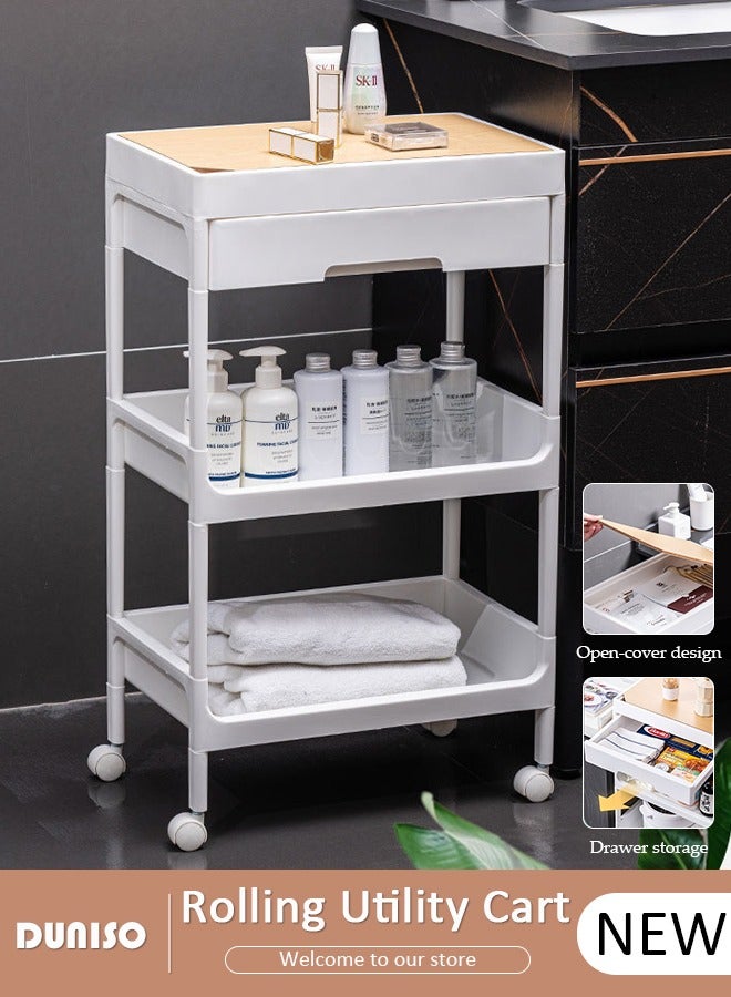 DUNISO 3-Tier Rolling Utility Cart with Drawer, Multifunctional Storage Organizer with Plastic Shelf & Metal Wheels,Bedroom Bedside storage shelf,Storage Cart with Wood Top for Kitchen, Bathroom, Living Room, Office - Image 1