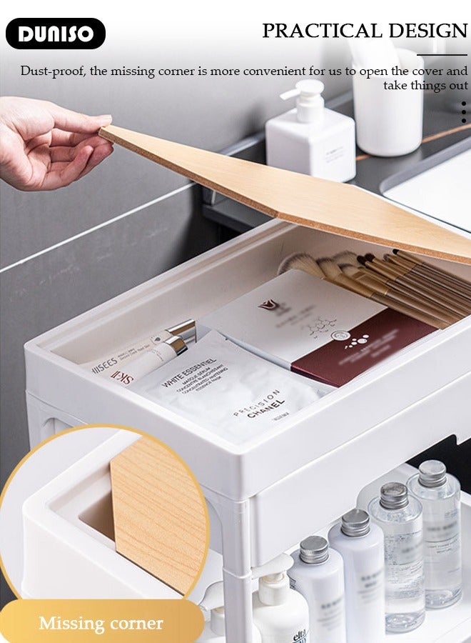 DUNISO 3-Tier Rolling Utility Cart with Drawer, Multifunctional Storage Organizer with Plastic Shelf & Metal Wheels,Bedroom Bedside storage shelf,Storage Cart with Wood Top for Kitchen, Bathroom, Living Room, Office - Image 5