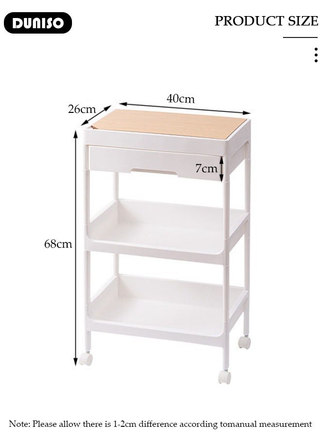 DUNISO 3-Tier Rolling Utility Cart with Drawer, Multifunctional Storage Organizer with Plastic Shelf & Metal Wheels,Bedroom Bedside storage shelf,Storage Cart with Wood Top for Kitchen, Bathroom, Living Room, Office - Image 2