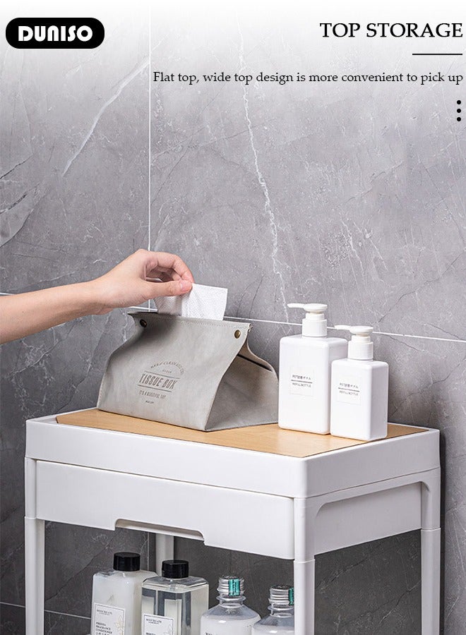 DUNISO 3-Tier Rolling Utility Cart with Drawer, Multifunctional Storage Organizer with Plastic Shelf & Metal Wheels,Bedroom Bedside storage shelf,Storage Cart with Wood Top for Kitchen, Bathroom, Living Room, Office - Image 4