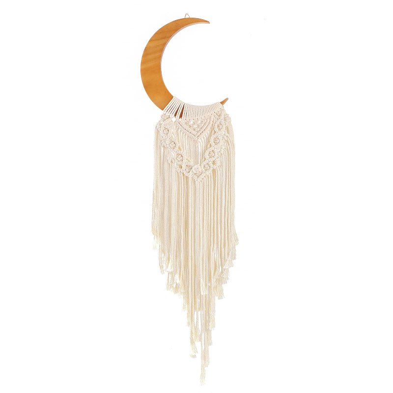 ANROYE Macrame Wall Hanging Boho Moon Decor Bohemian Crescent Wooden Ornament with Long Tassel Handmade Unique Wood Tapestry Home Decoration Wall Art Gift for Dorm Bedroom Nursery Living Room