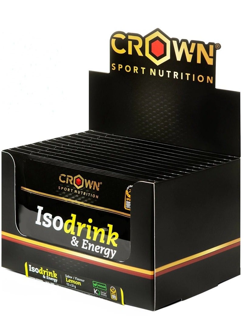 Crown Sport Nutrition Isodrink & Energy, Lemon Flavored, Box of 12 Units 32 Grams