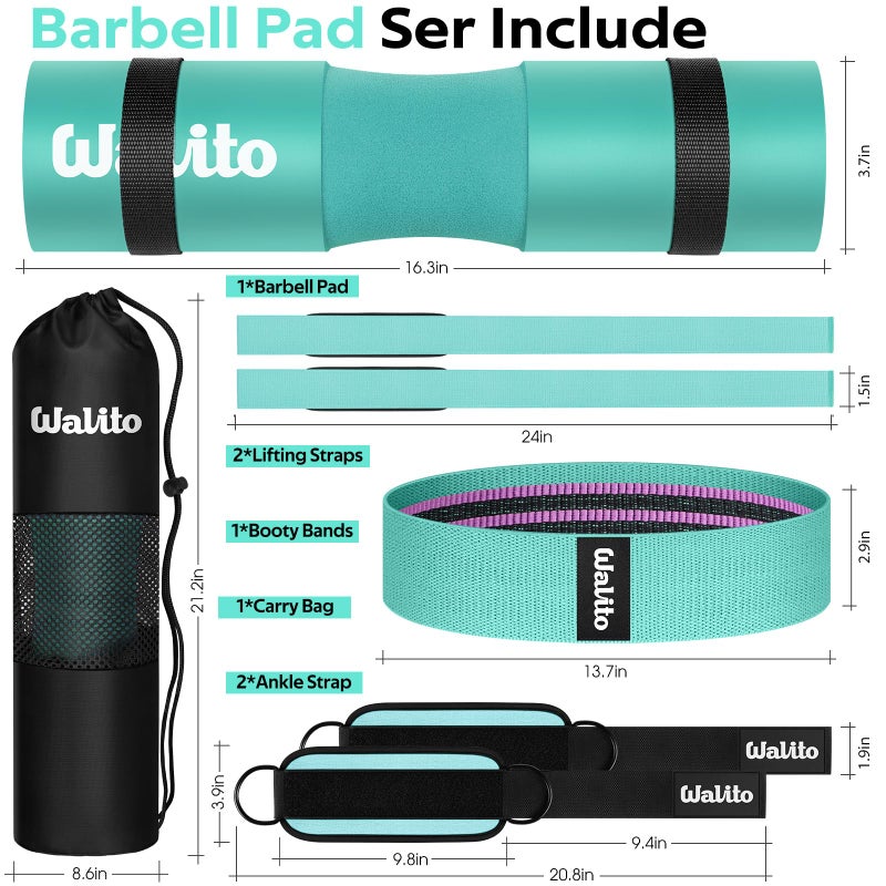 WALITO 7Pcs Barbell Pad Set for Hip Thrust - Squat Pad,Gym Accessories for Women with Bar Bad,Bench Press, with Gym Ankle Straps,Resistance Bands for Working Out,Lifting Strap,Carry Bag - Image 2