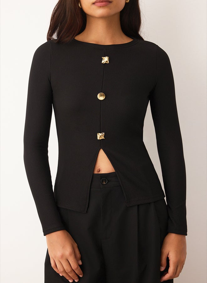 trendyol Black Ottoman Stand Collar Button Long Sleeve Body Fitting Knitted Blouse - Image 3