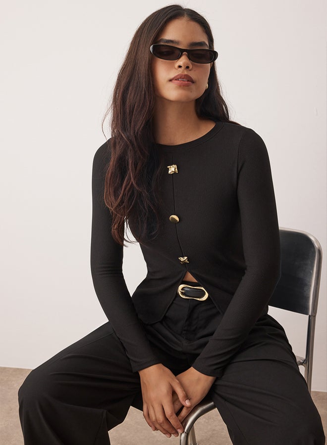 trendyol Black Ottoman Stand Collar Button Long Sleeve Body Fitting Knitted Blouse - Image 1