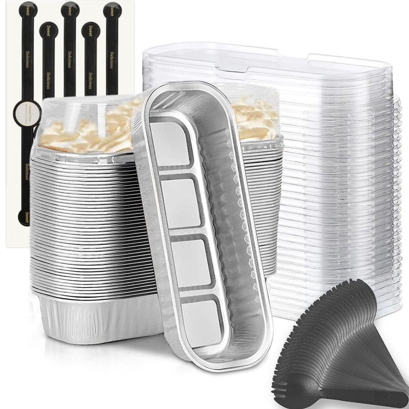 Findful Mini Loaf Baking Pans with Lids and Spoons (50 Pack, 6.8oz) Rectangle Aluminum Foil Baking Pans Tins Containers - Cupcake Containers Wrappers Cheesecake Creme Brulee Ramekins - Image 1